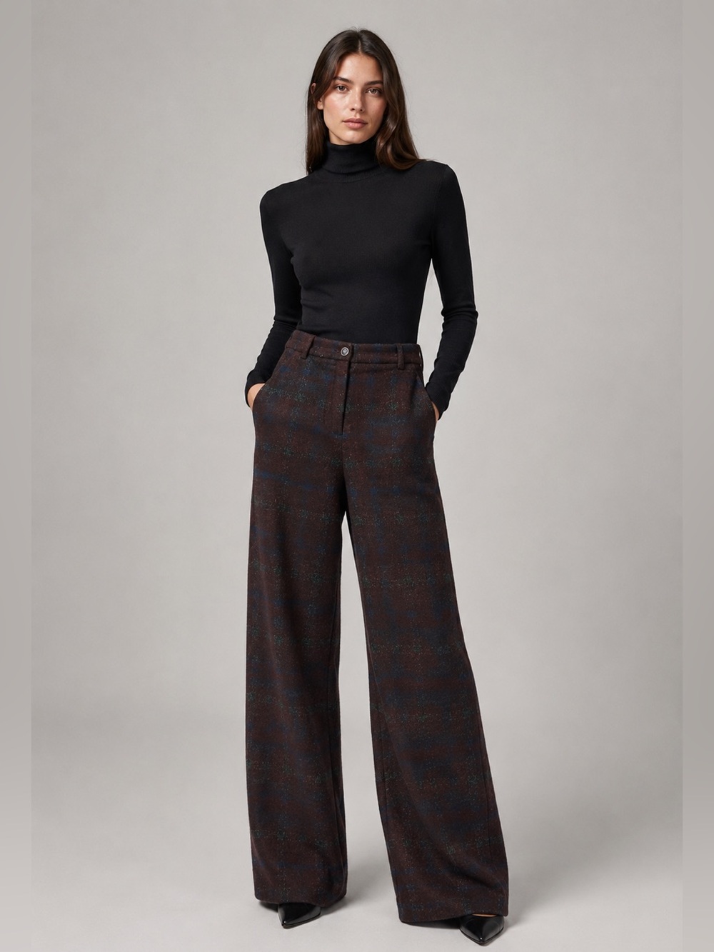Chanel Alpaca Plaid Wide-Leg Pants Silk Lined FR 36